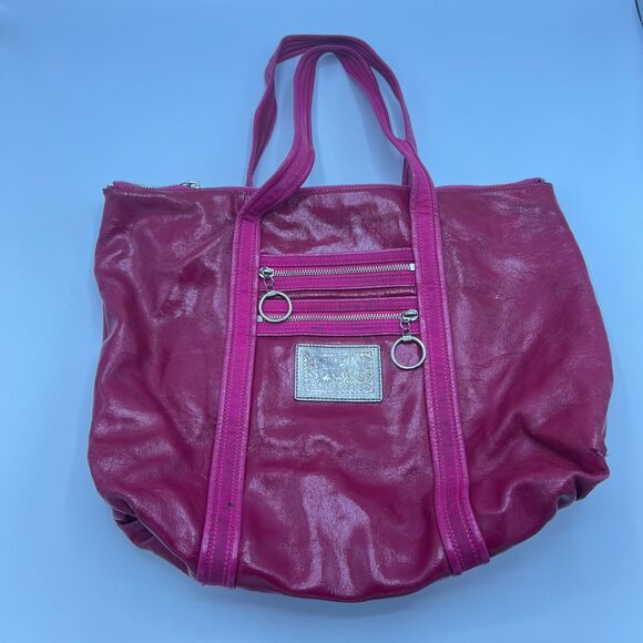 Coach Handbags - Coach Poppy Patent Leather Glam Tote Shoulder Bag Silver/Fuchsia Pink No 13836